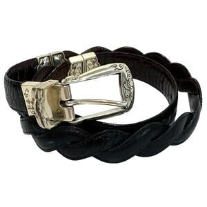 Dark brown & black reversible belt moc croc texture braided silver buckle 30"